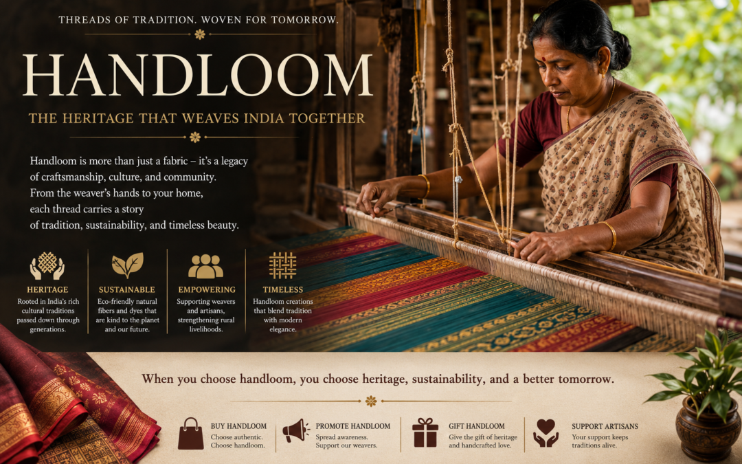 Traditional Indian handloom weaver creating colorful heritage fabric on a wooden loom