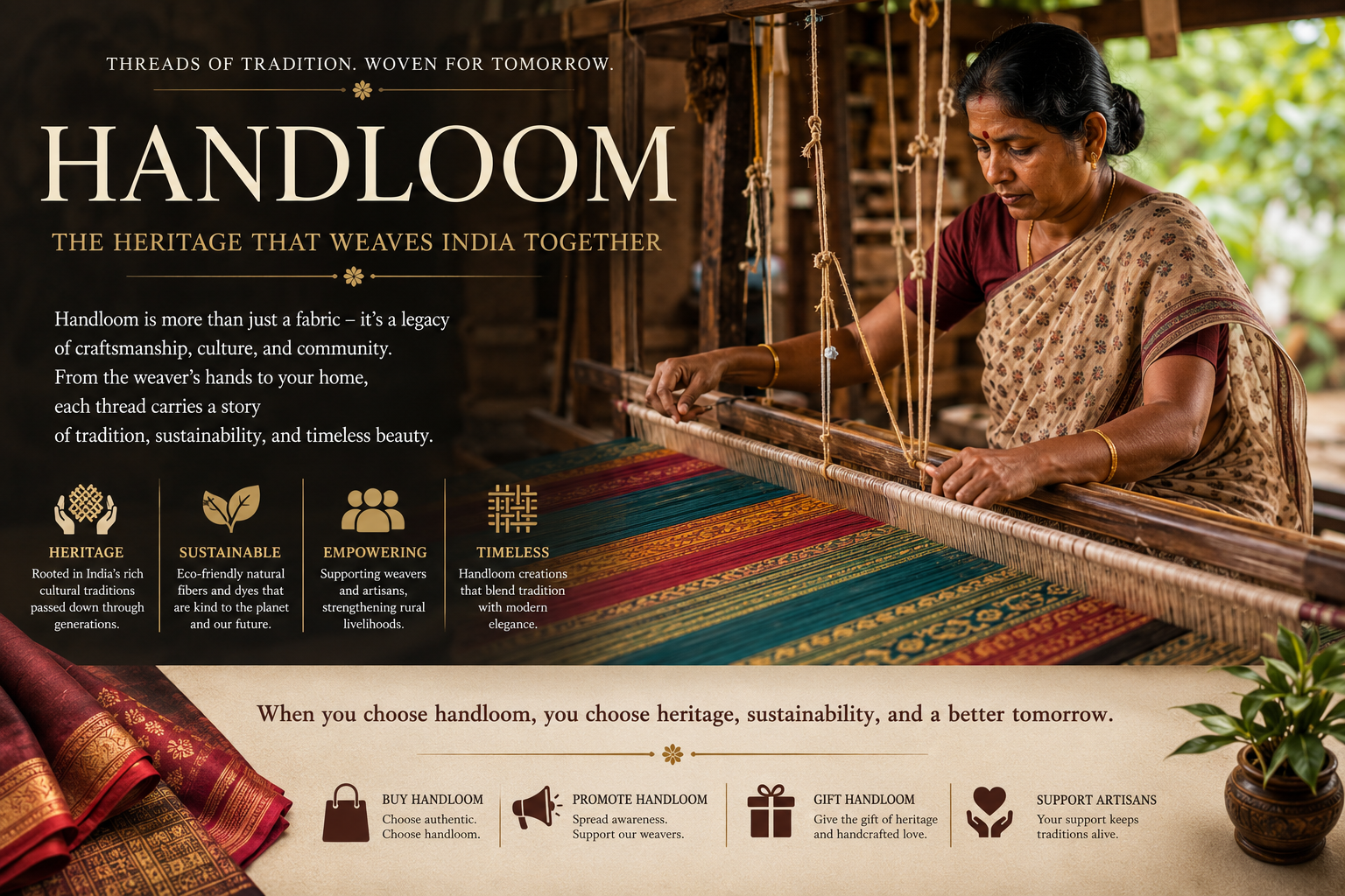 Traditional Indian handloom weaver creating colorful heritage fabric on a wooden loom